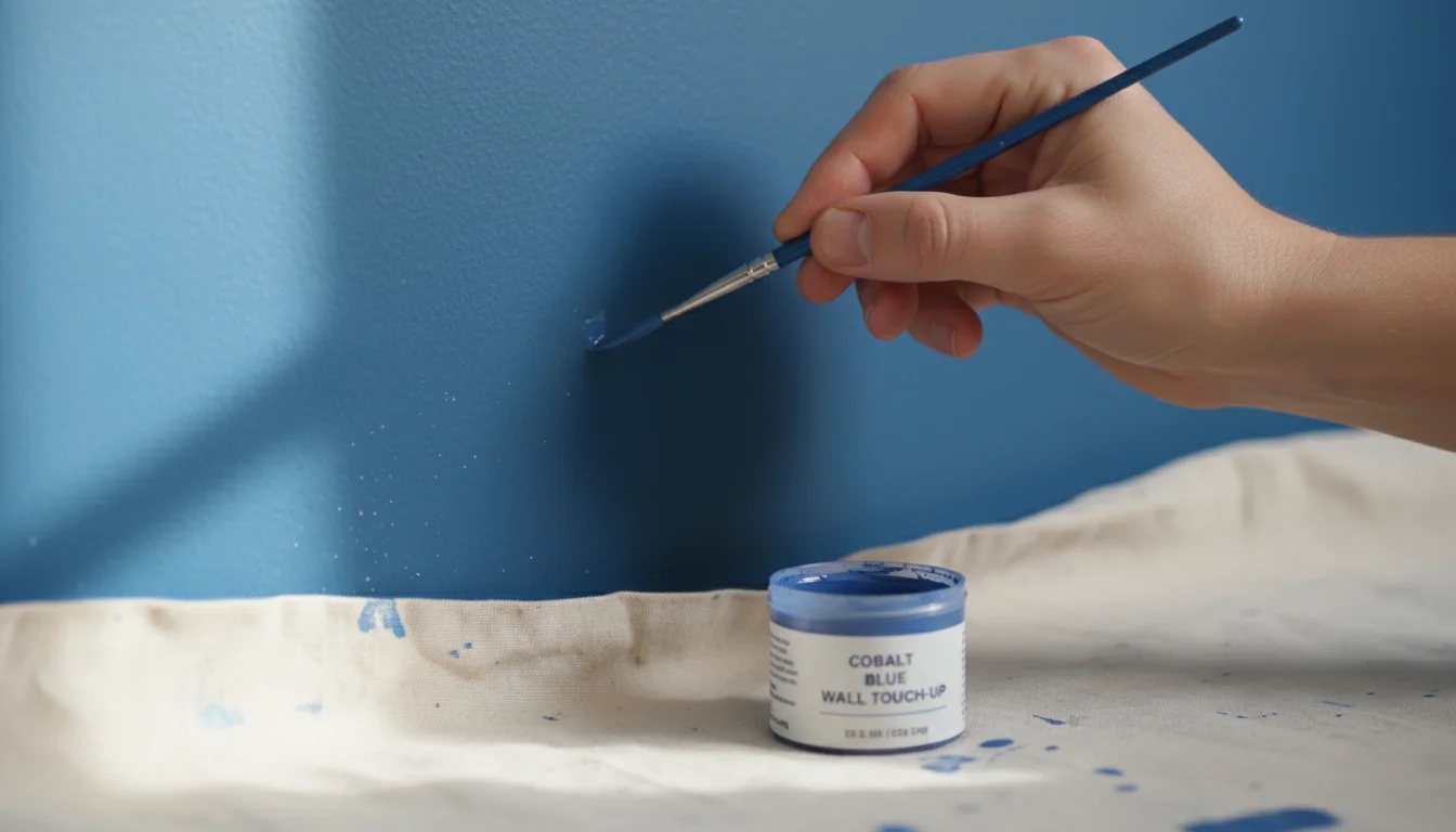 A person's hand uses a small artist's brush to carefully touch up a tiny scratch on a colorful accent wall with paint.