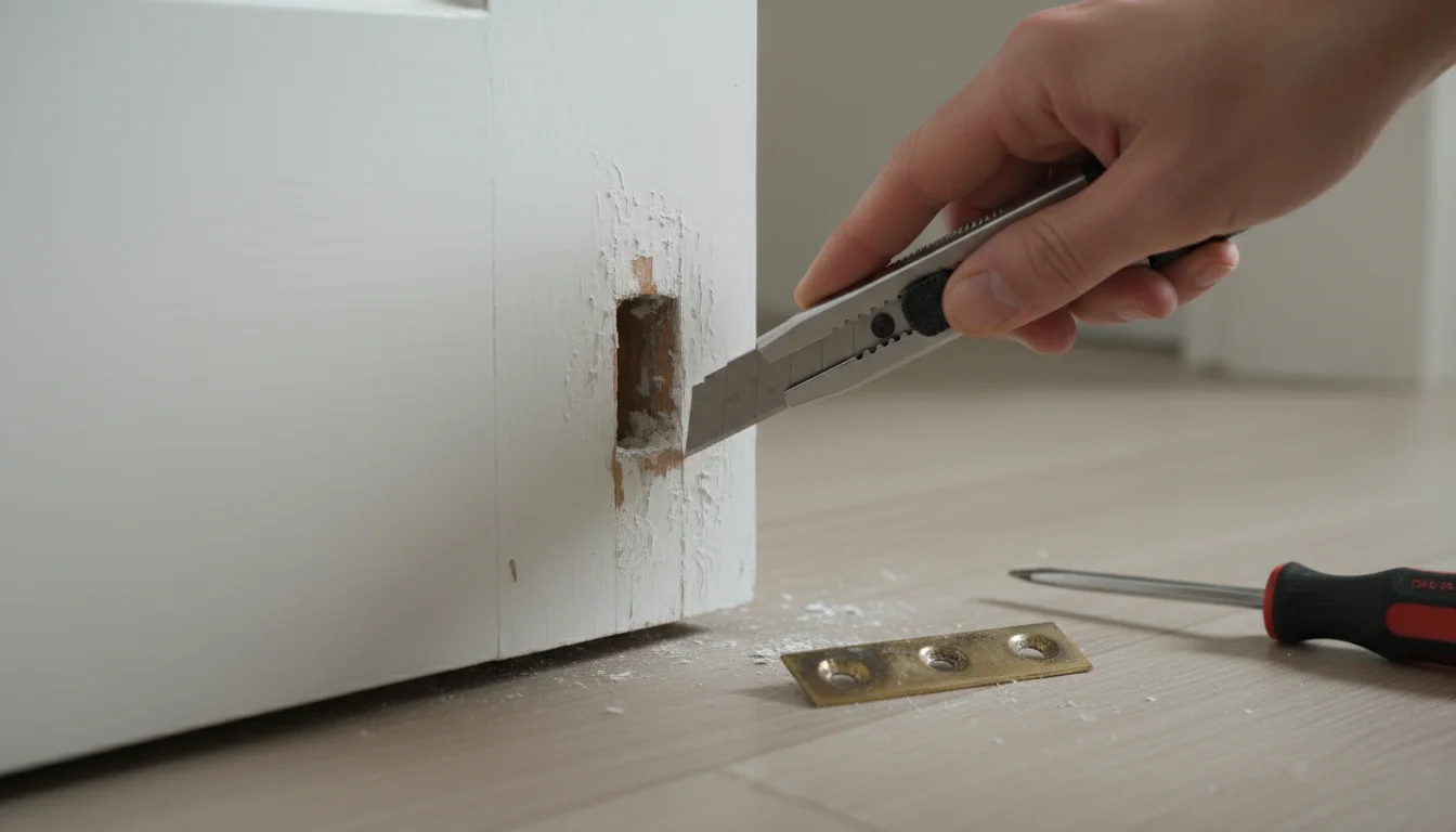A person's hand uses a utility knife to carefully score old paint around an empty strike plate area on a white door frame, with tools on a drop cloth