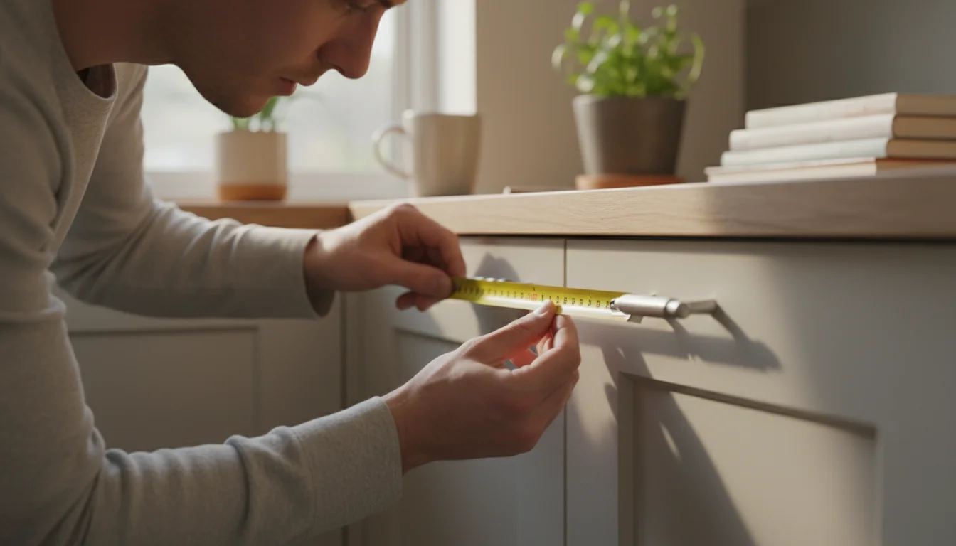 Person's hand using a measuring tape to measure the distance between screw holes on a silver kitchen cabinet pull.