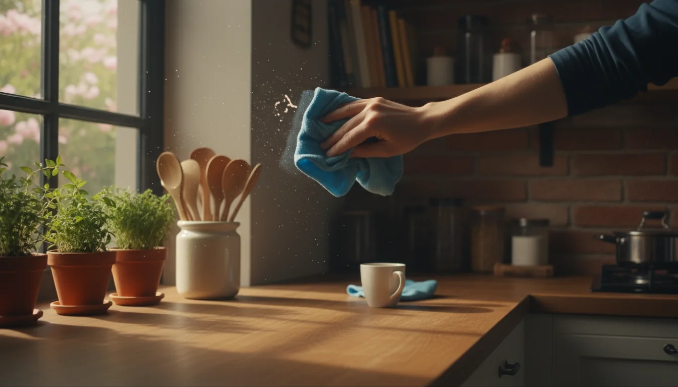 A person's hand wiping a small dried cooking splatter from a kitchen window with a microfiber cloth, revealing a clean pane.
