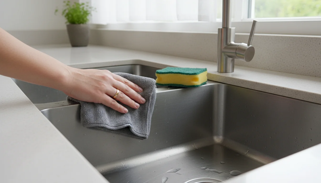 Person's hand wiping a wet stainless steel kitchen sink with a microfiber cloth, a cut lemon on the divider.