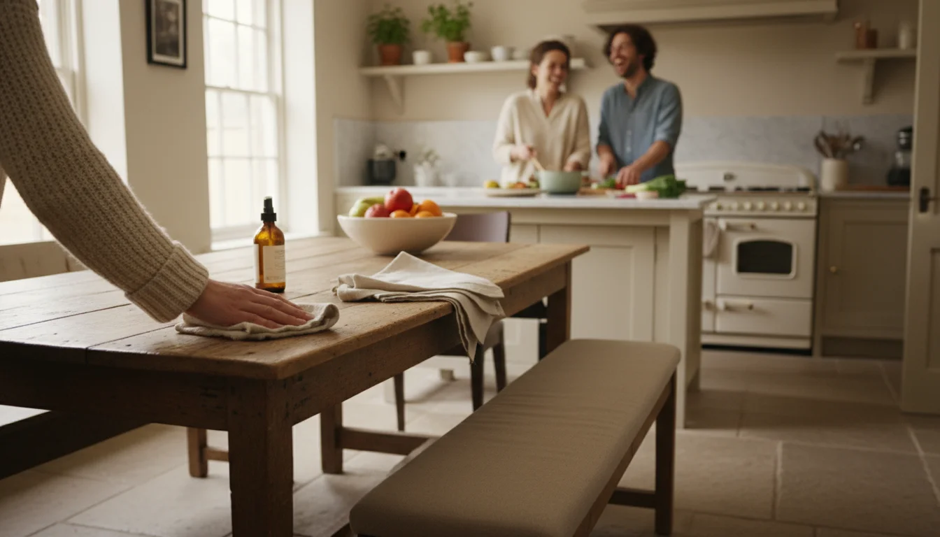 A person's hand wiping a wooden dining table with a damp cloth, with a sparkling kitchen sink and clean floor visible in the background.