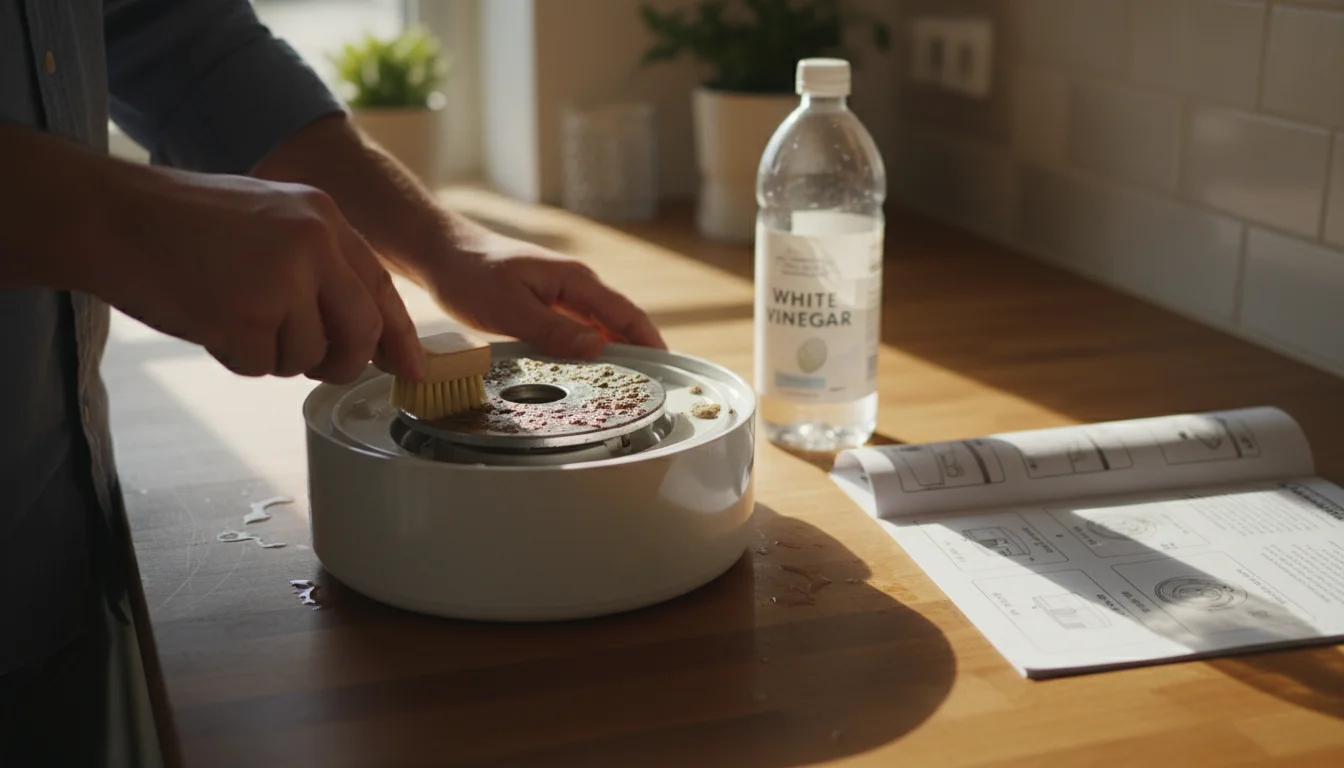 Person's hands actively descaling a warm mist humidifier's heating element on a kitchen counter with vinegar and an open user manual nearby.