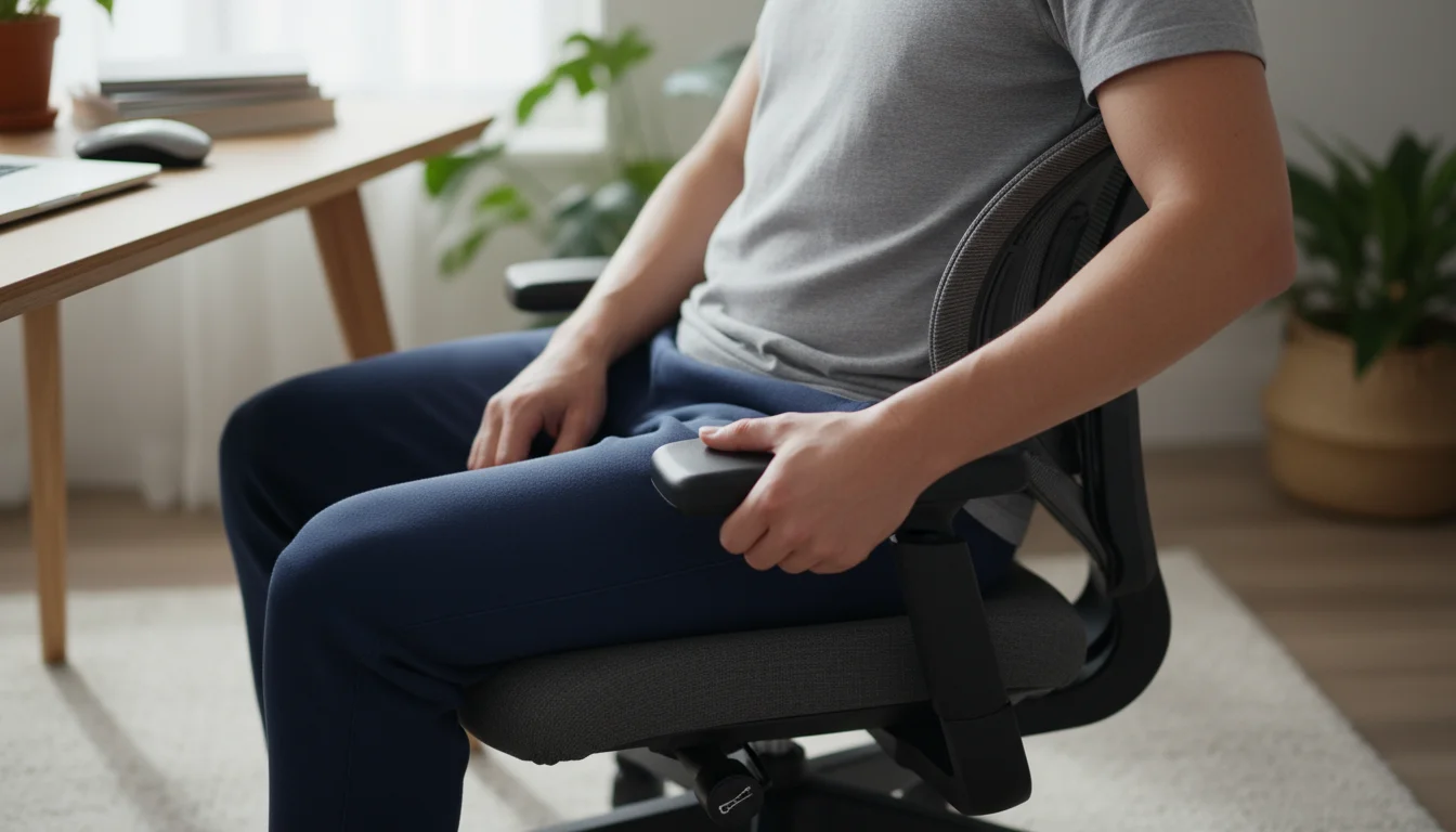Person's hands adjusting the lumbar support on a dark grey ergonomic office chair in a home office, showing multiple levers.