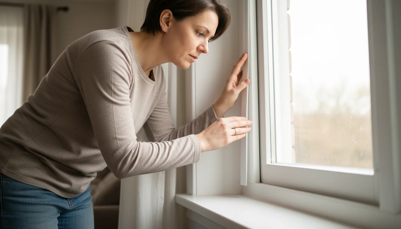 A person's hands applying white foam weatherstripping to the top frame of a white wooden window, illuminated by natural light.