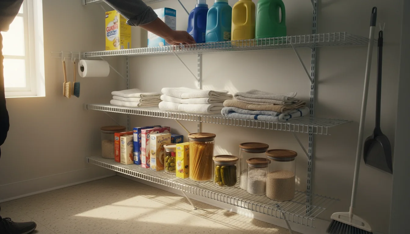 A person's hands neatly arrange laundry supplies and folded towels onto simple white wire shelving in a bright utility closet.