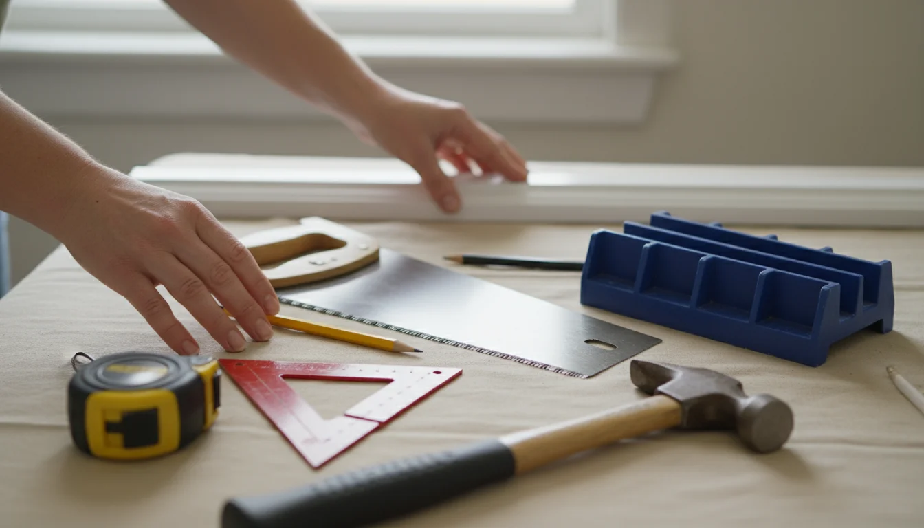 A person's hands arrange a measuring tape, pencil, speed square, miter box, hand saw, and hammer on a drop cloth.