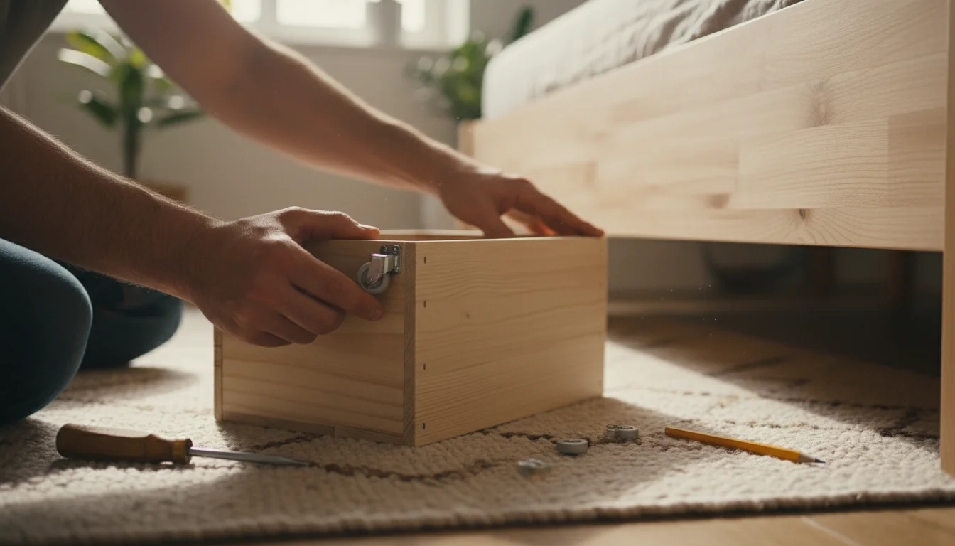A person's hands attach a caster wheel to a simple wooden crate on a textured rug, next to a bed frame with scattered tools.