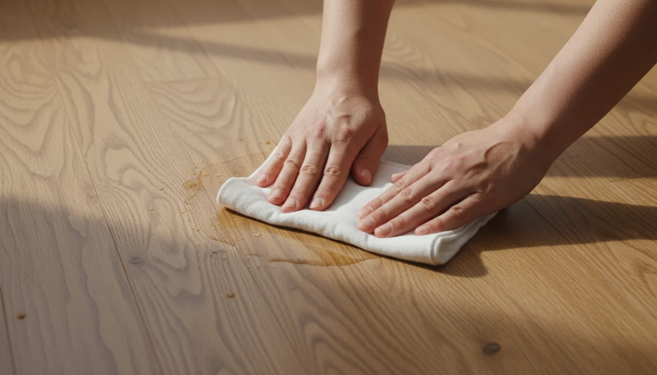 A person's hands blot a small wet spot on a warm oak hardwood floor using a white cloth.