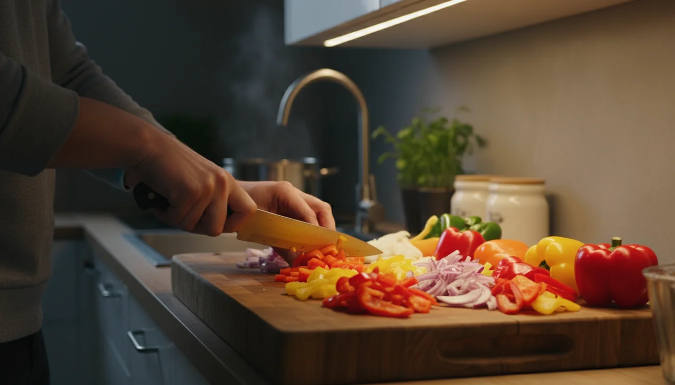 Person's hands chopping colorful vegetables on a wooden cutting board, brightly lit by warm under-cabinet LED lighting in a practical kitchen.