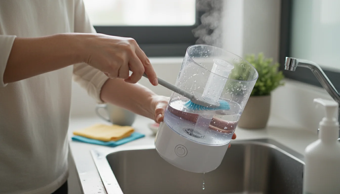 A person's hands gently clean the inside of a humidifier's water tank with a soft brush on a light kitchen counter.