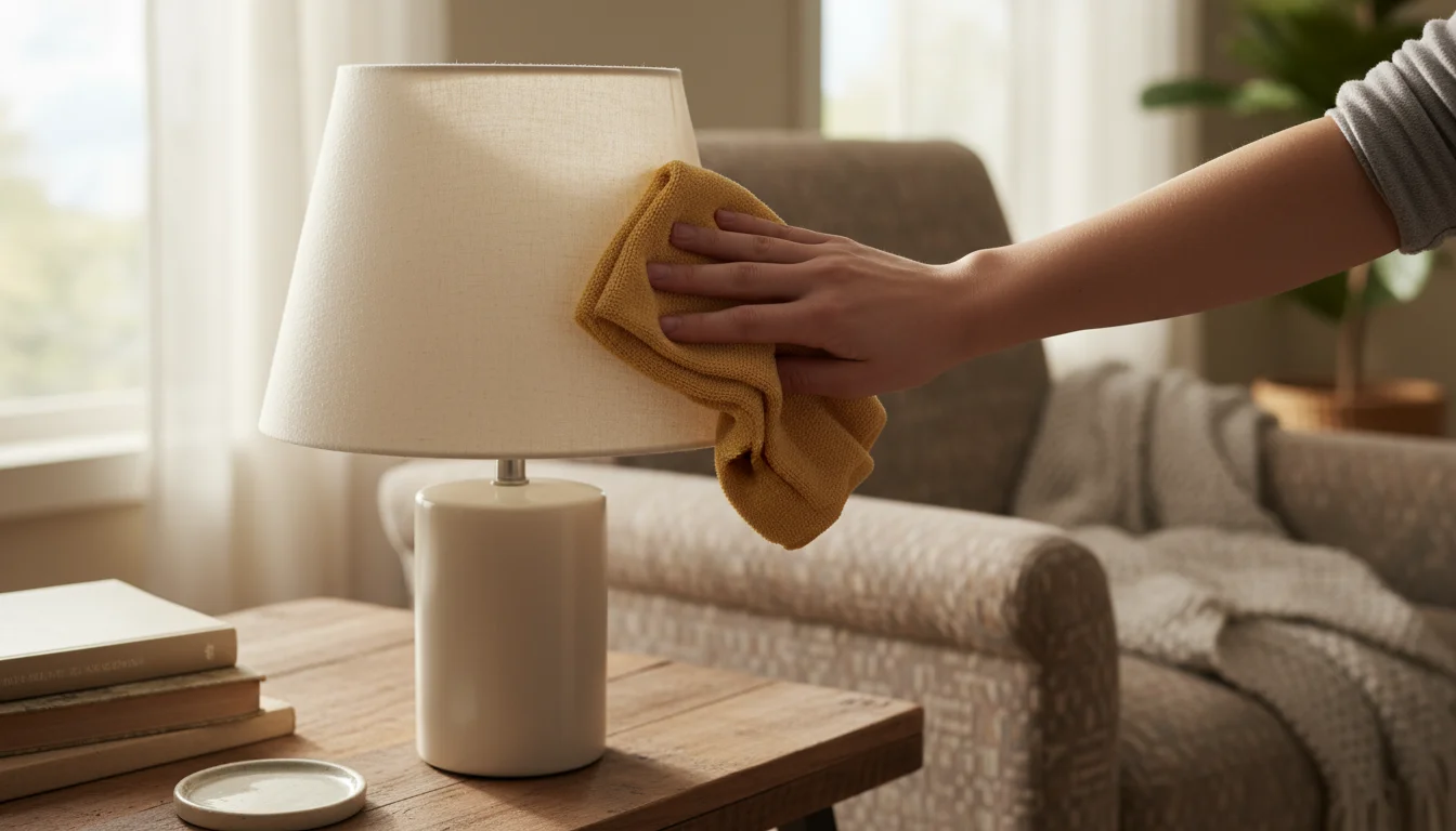 A person's hands gently cleaning dust from a cream fabric lampshade on a wooden side table with a soft cloth.