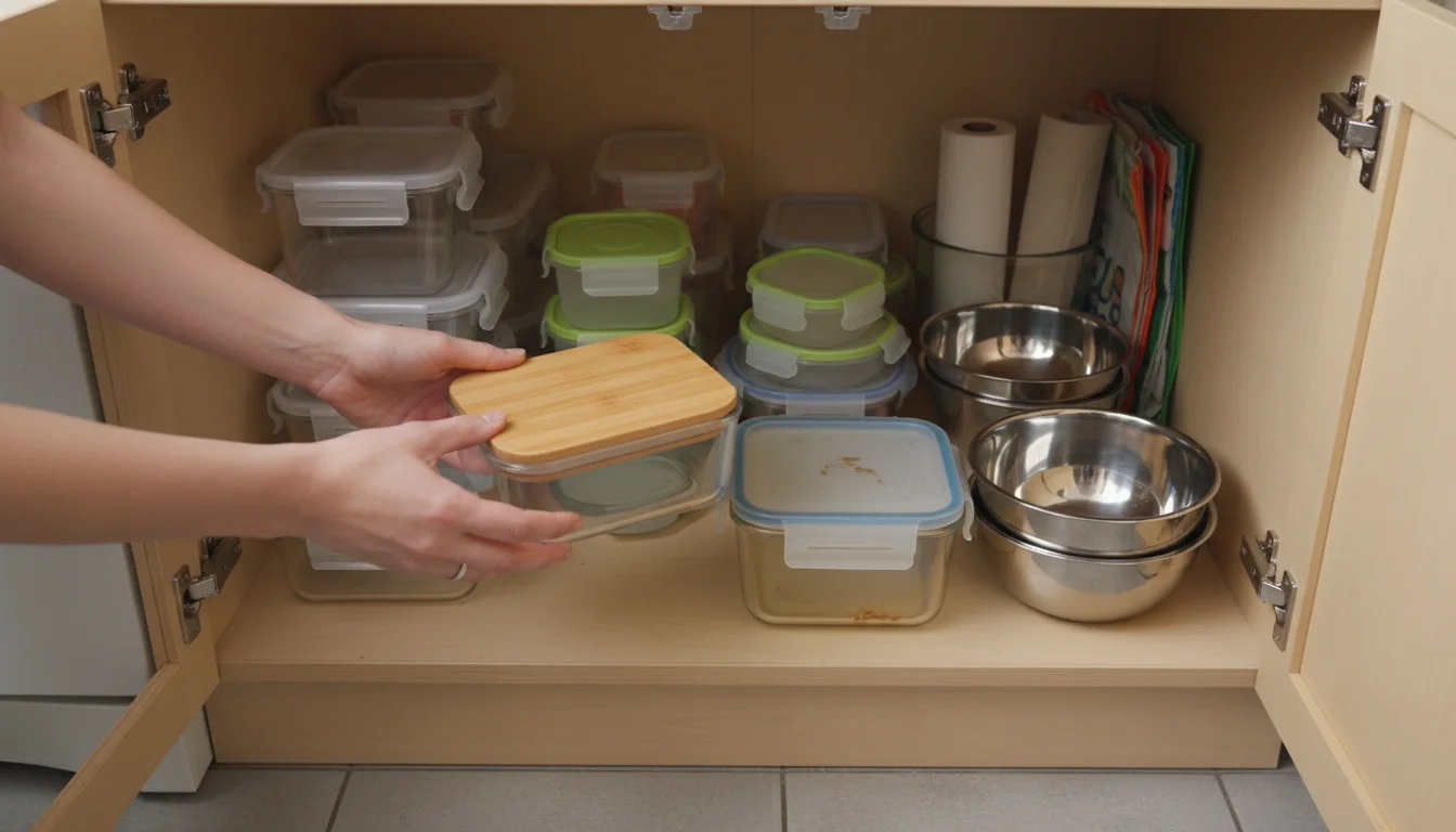 Person's hands comparing a new clear glass food container with an older, stained plastic one inside an open kitchen cabinet.