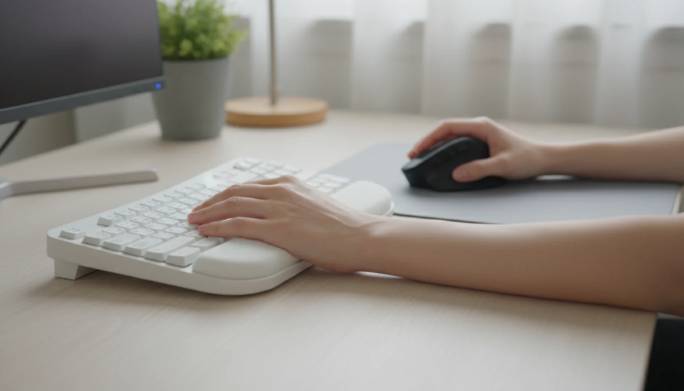 A person's hands demonstrate ergonomic posture on a curved keyboard and vertical mouse, supported by wrist rests on a warm wooden desk.