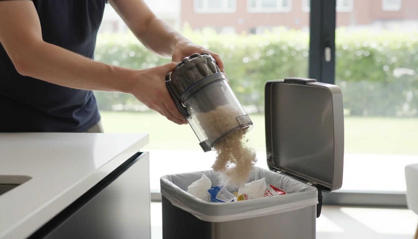 Person's hands emptying a transparent vacuum dustbin filled with pet hair into a kitchen trash can.