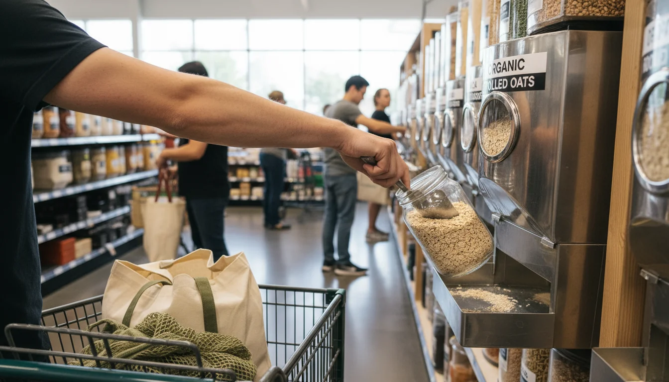 Person's hands filling a glass jar with oats from a bulk dispenser in a grocery cart, with reusable bags visible.