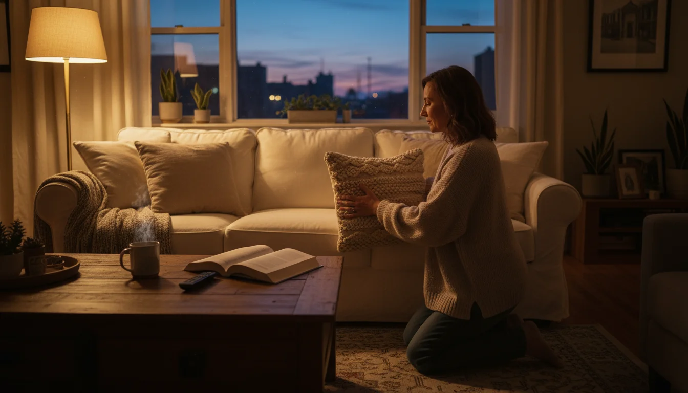 Person's hands fluffing a pillow on a sofa in a warmly lit living room during a quick evening tidy.