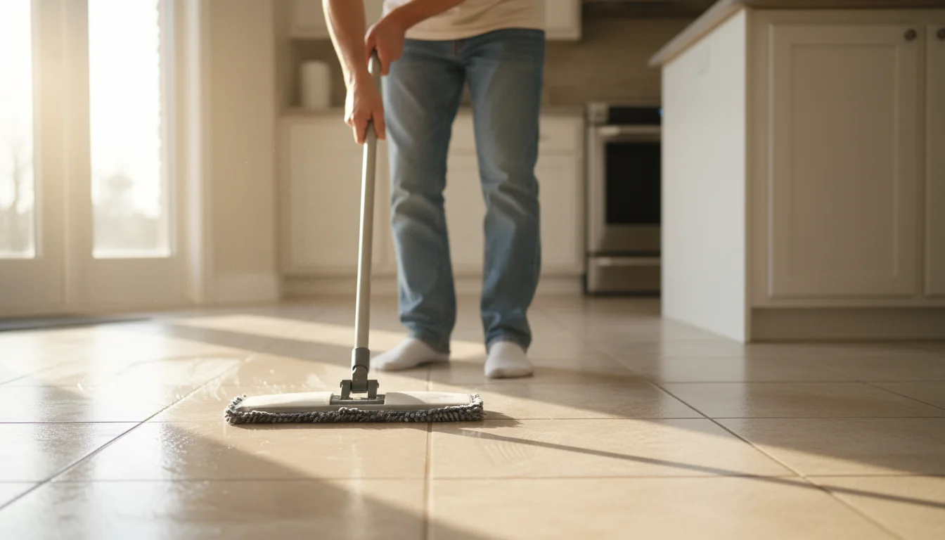 A person's hands guide a microfiber mop across a sunlit, clean kitchen tile floor, with a mop bucket subtly in the background.