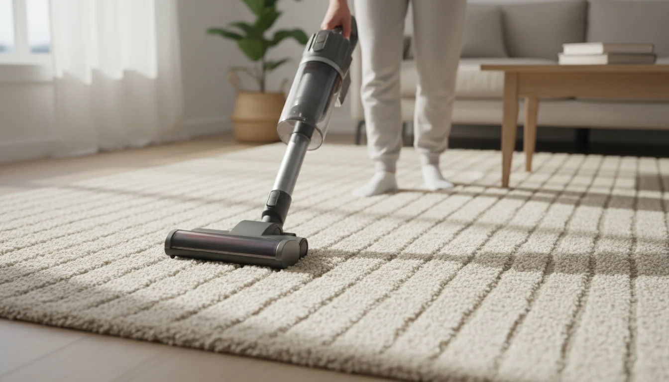 A person's hands guide a modern stick vacuum over a light-colored area rug, creating clean lines in the pile.
