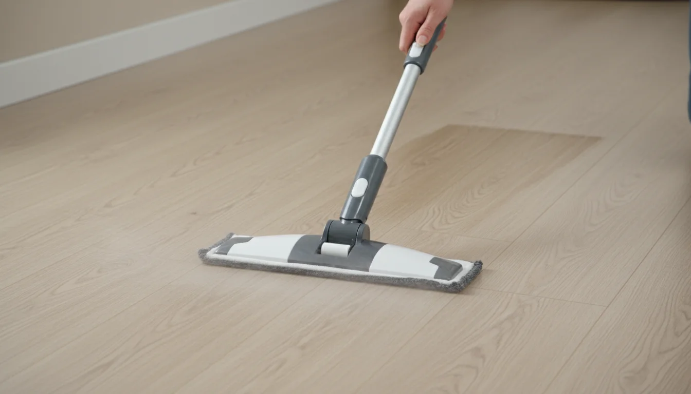 Person's hands guide a spray mop across a light laminate floor, a fine mist visible as the mop cleans.