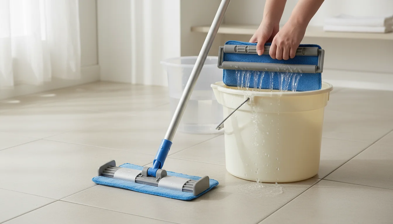 Person's hands guiding a damp microfiber flat mop pad into a wringer on a bucket, with the mop handle leaning nearby.
