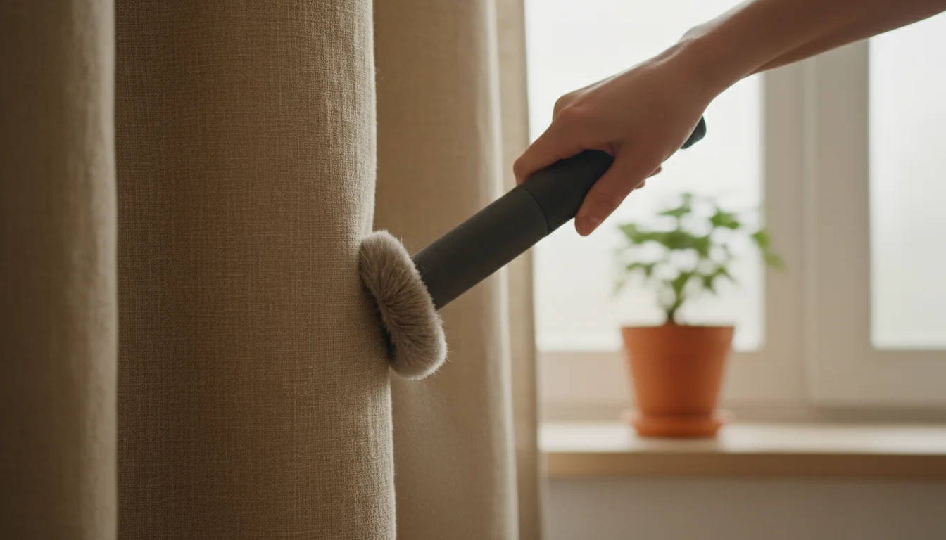 Person's hands gently guiding a soft brush vacuum attachment along an oatmeal-colored linen drape, showing routine cleaning.