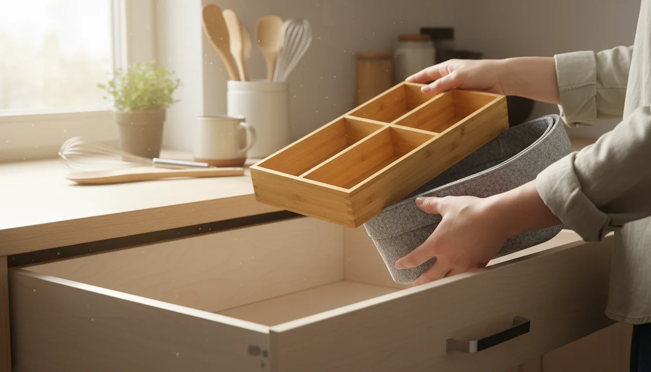 A person's hands hold up a bamboo drawer organizer and a gray felt organizer over an open kitchen drawer.
