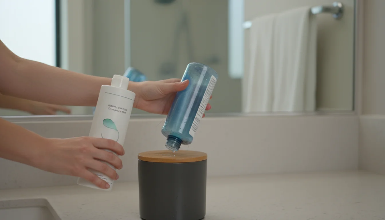 A person's hands hold a new shampoo bottle and an old, empty one over a small recycling bin on a clean bathroom counter.