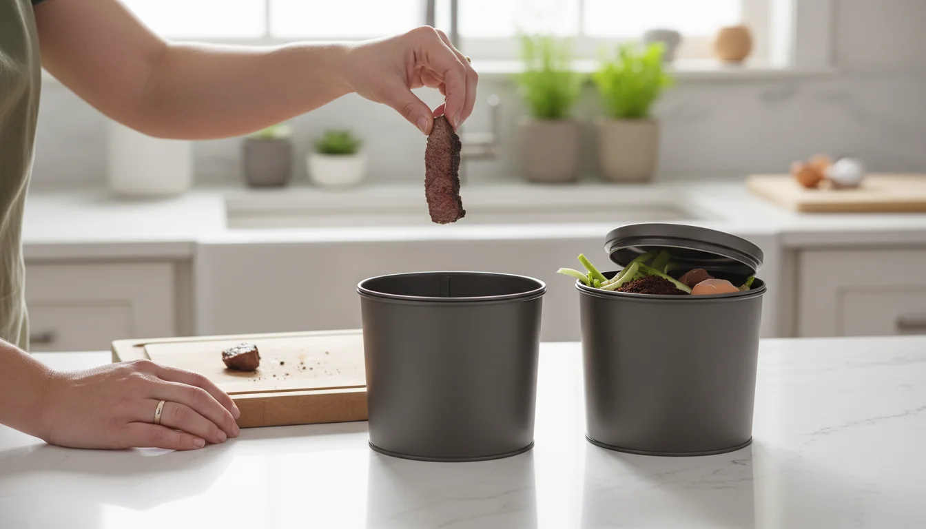 A person's hands hold a small piece of cooked meat over a trash bin, next to an open compost bin with vegetable scraps.