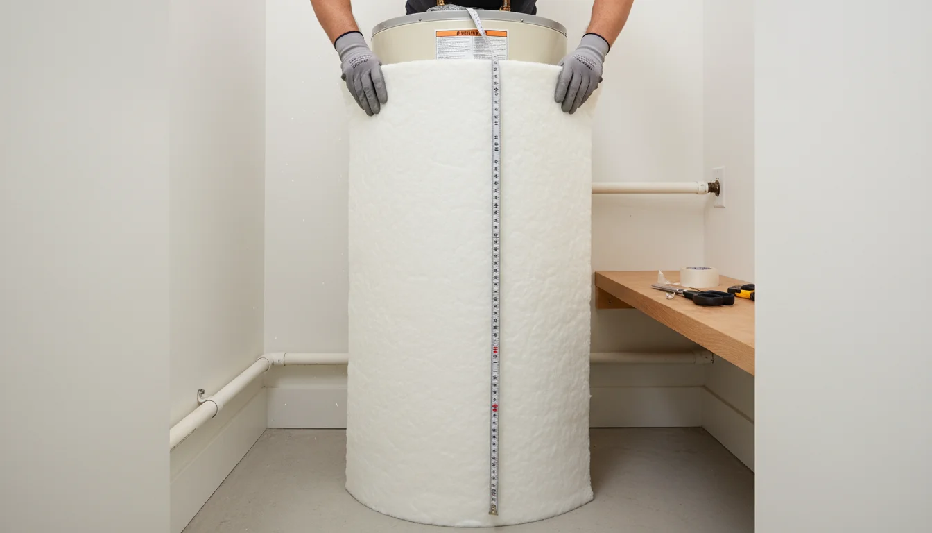 A person's hands hold an unrolled white insulation blanket against a water heater, with a measuring tape visible, in a clean utility space.