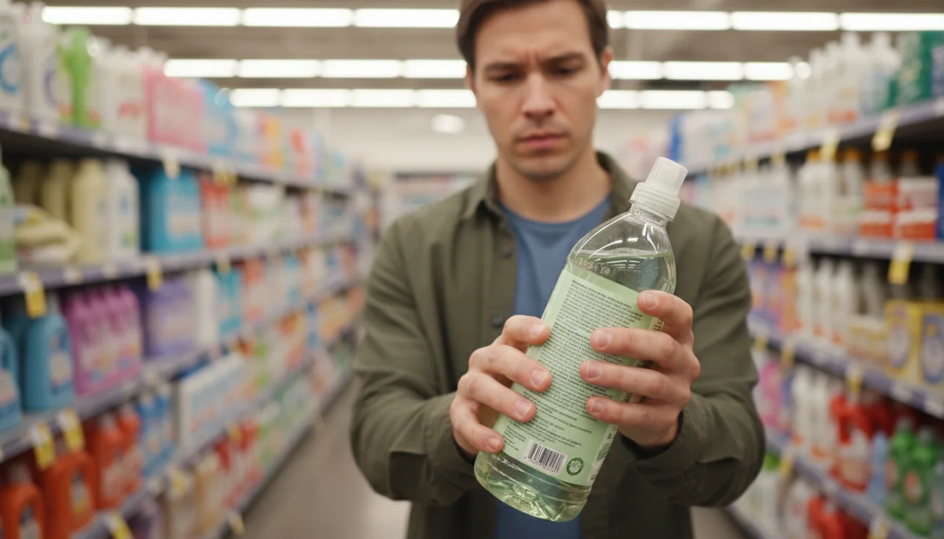 Close-up of a person's hands holding an eco-friendly cleaning product bottle in a grocery store, reading the back label for certifications.