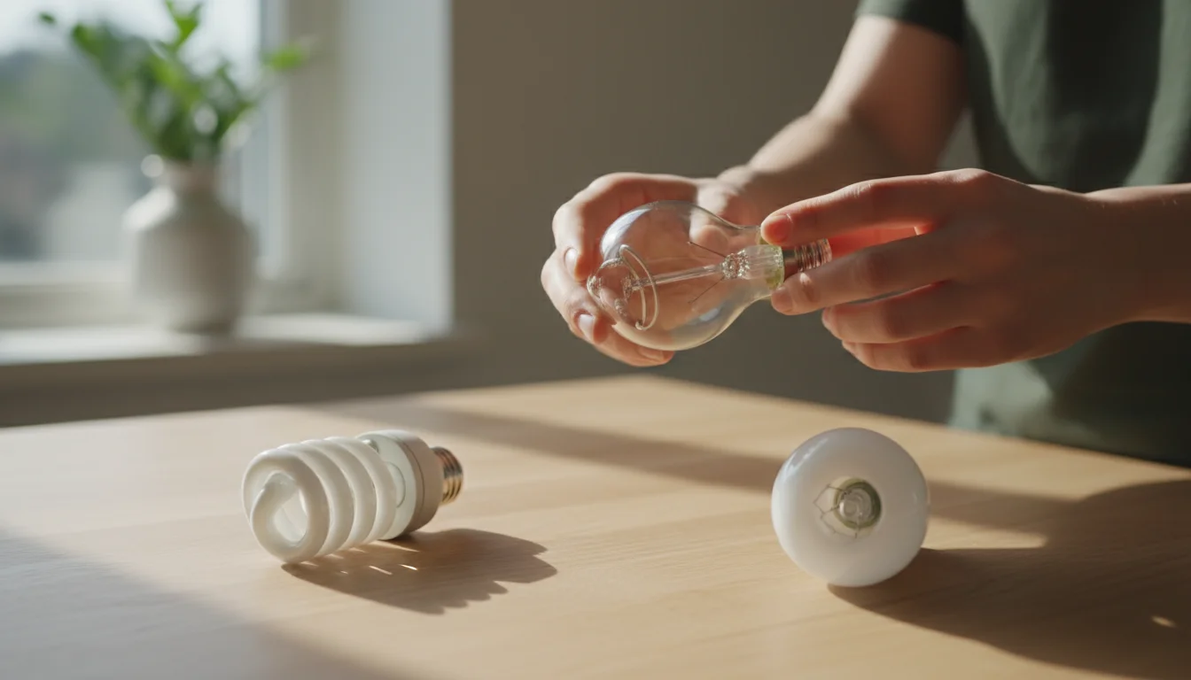 Person's hands holding an LED bulb, next to a CFL and incandescent bulb on a light kitchen counter.