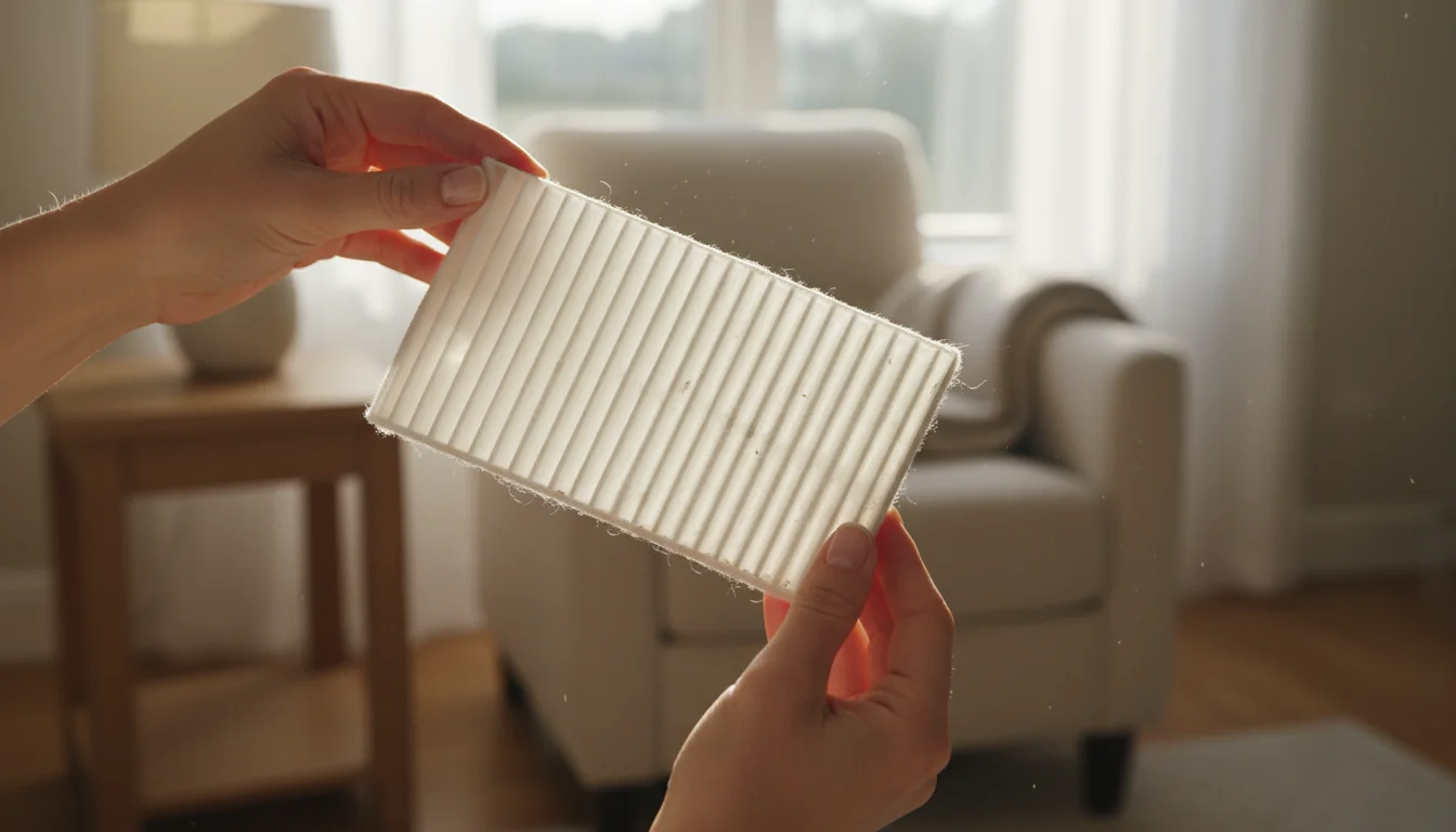 A person's hands holding a white pleated HEPA filter, showing subtle trapped dust, with a blurred cozy living room background.