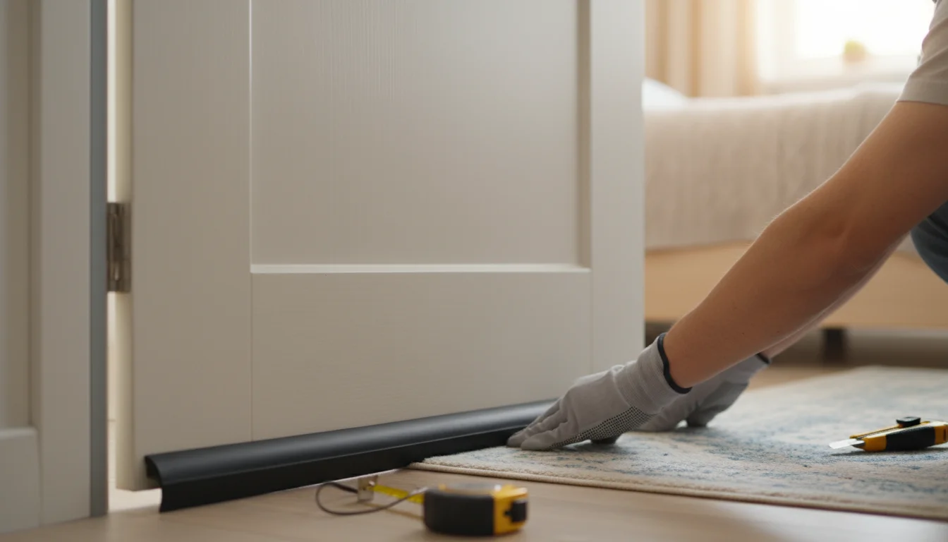 A person's hands install a new black rubber door sweep at the bottom of a light-colored bedroom door. Weatherstripping is also visible on the door fra