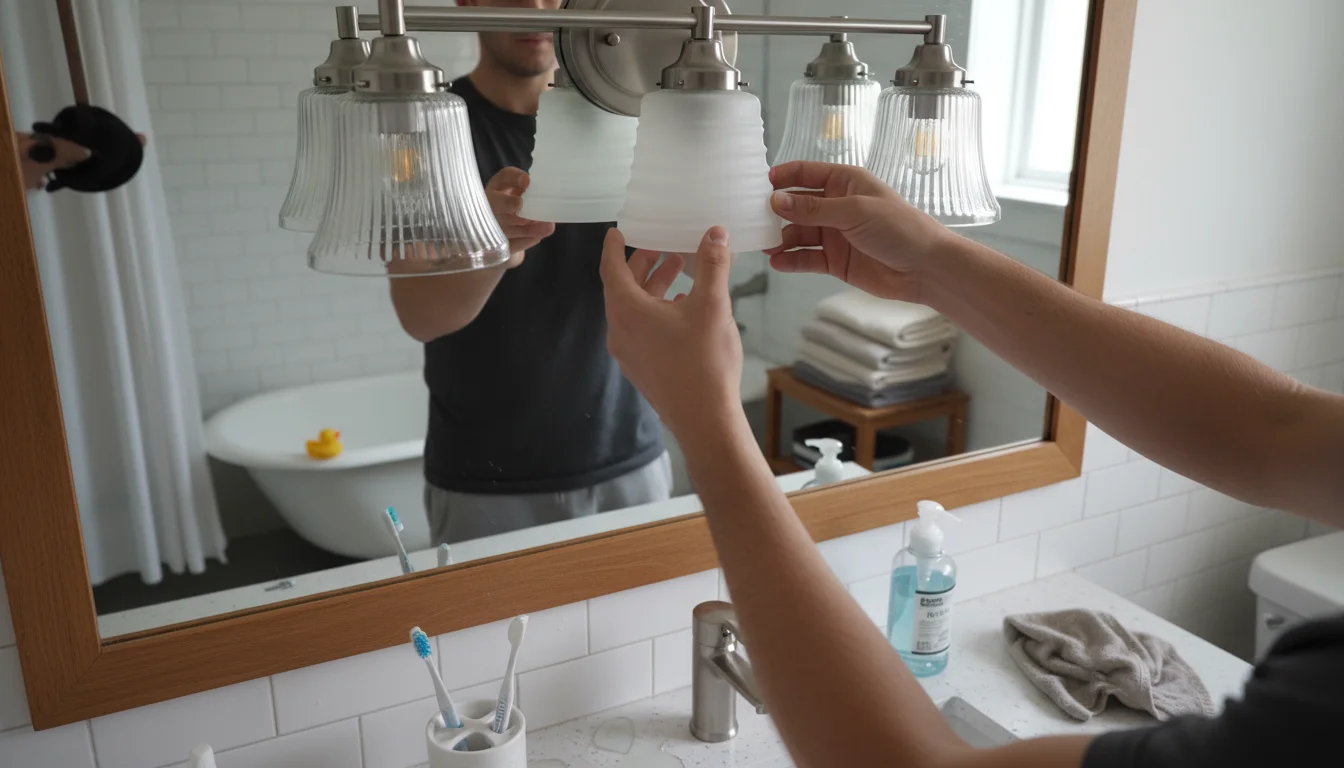Person's hands installing a new ribbed frosted glass shade onto a bathroom vanity light fixture, with old clear shades still visible.