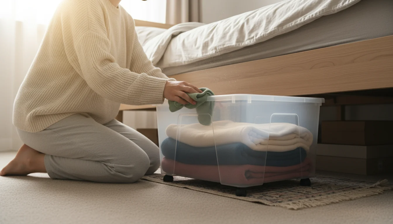 Person on hands and knees cleaning dust from a clear under-bed storage container pulled from under a bed.