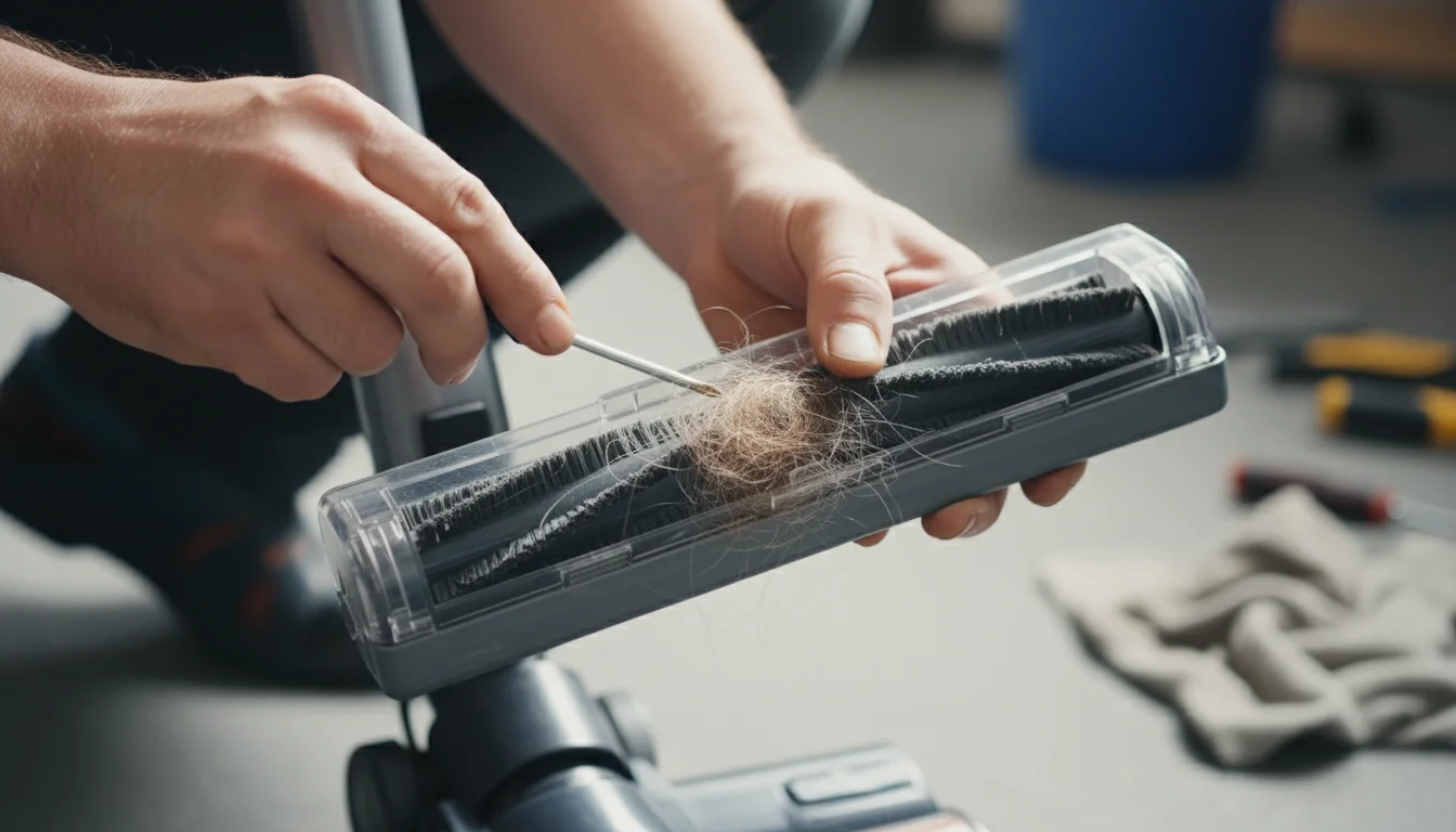 Person's hands examining a modern vacuum cleaner's brush roll, which has rubberized bristles and a small amount of pet hair tangled on it.
