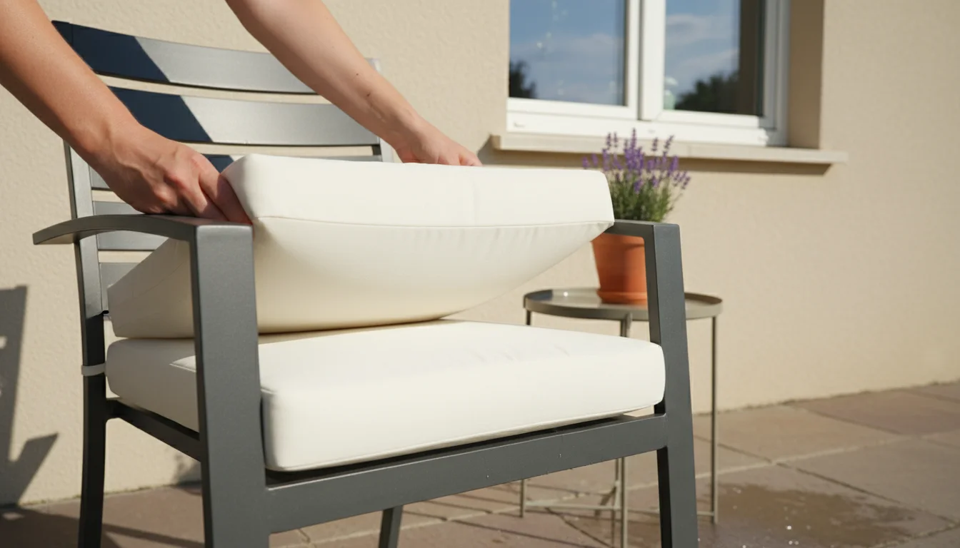 A person's hands place a clean cushion on a modern outdoor armchair on a sunlit patio, with a freshly cleaned house exterior in the background.