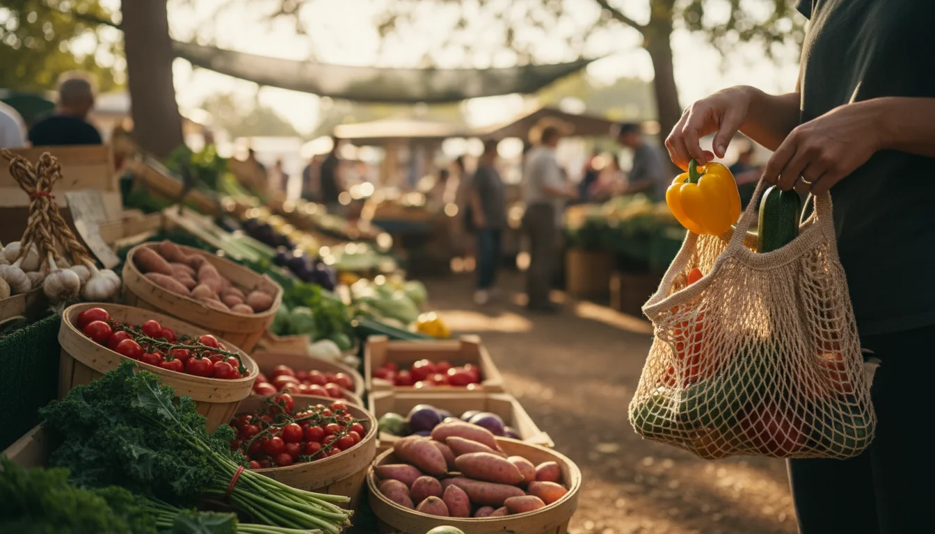 A person's hands gently place colorful, unwrapped vegetables into a reusable mesh bag at a sunlit outdoor market.