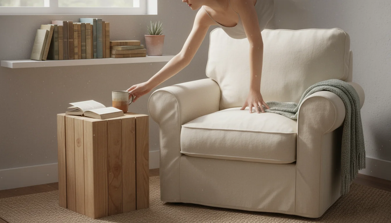 A person's hands place a mug and book on a repurposed wooden crate acting as a side table next to an updated armchair.