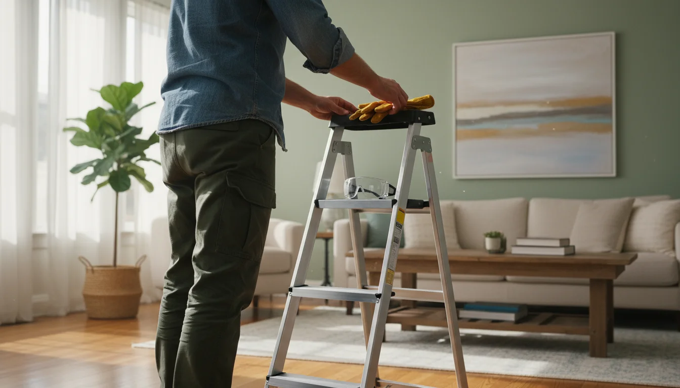 A person's hands place safety glasses and work gloves on a sturdy step ladder in a bright living room.