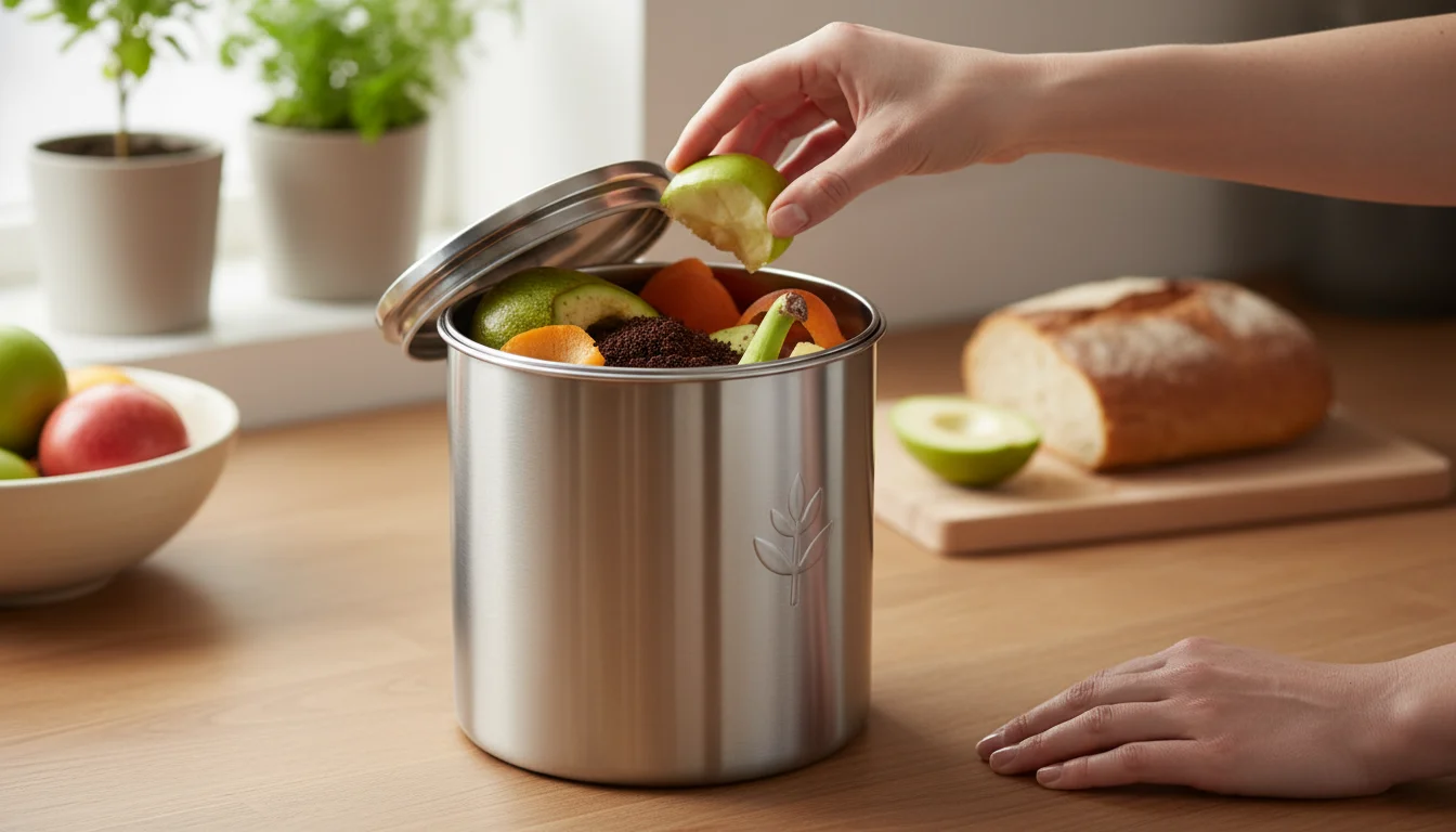 A person's hands gently place vegetable and fruit peels into a sleek, small stainless steel countertop compost bin.