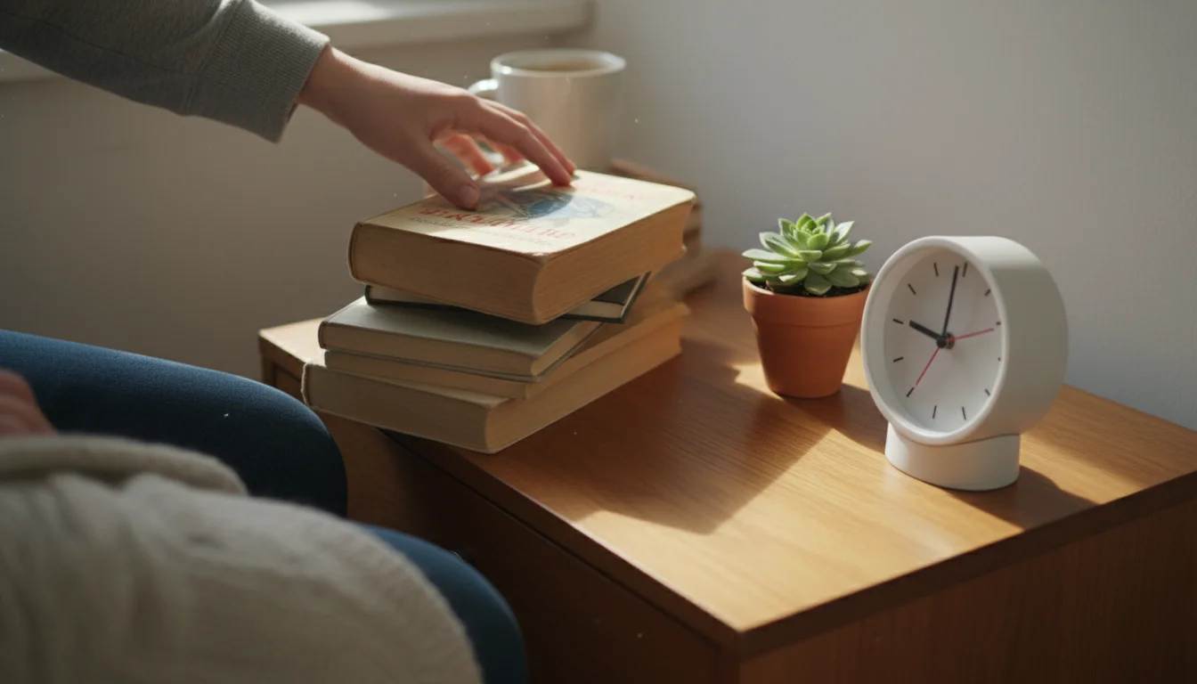 Person's hands gently placing a book on a neat stack on a wooden nightstand with a lamp and plant.