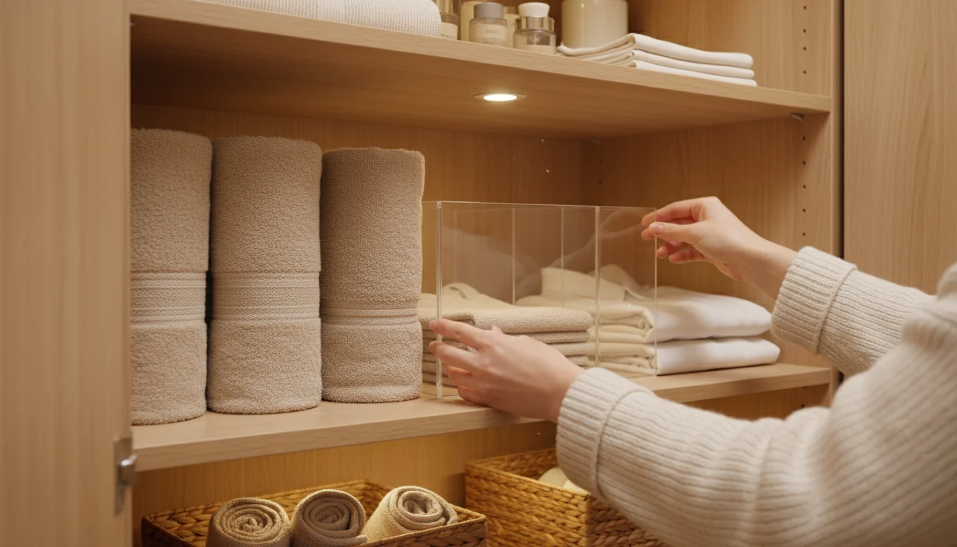 Person's hands placing a clear shelf divider between vertically folded towels in a linen closet. Some items are neatly organized.