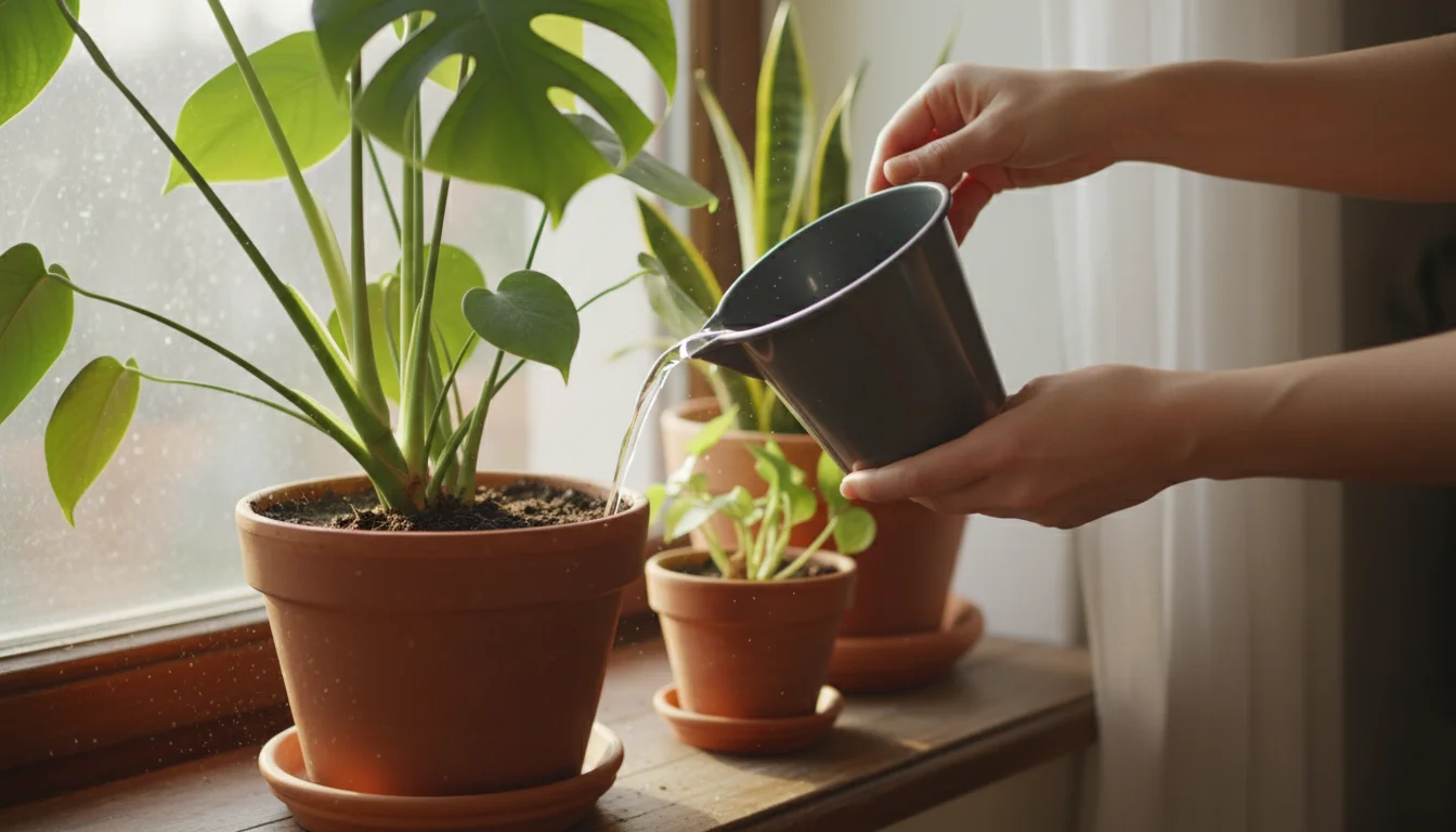 A person's hands pour water from a small gray bucket into a green houseplant in a terracotta pot on a sunlit windowsill.