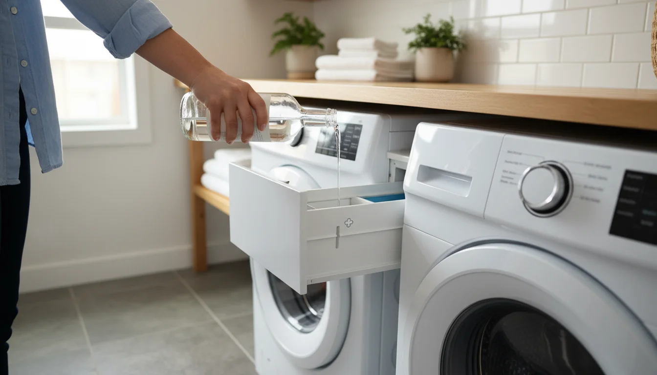 Person's hands pour white vinegar from a glass bottle into a washing machine's fabric softener dispenser in a well-lit laundry room.