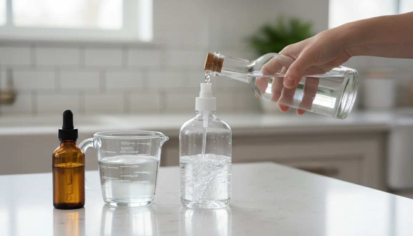 A person's hands pour white vinegar into a spray bottle on a kitchen counter, with other DIY cleaning ingredients nearby.