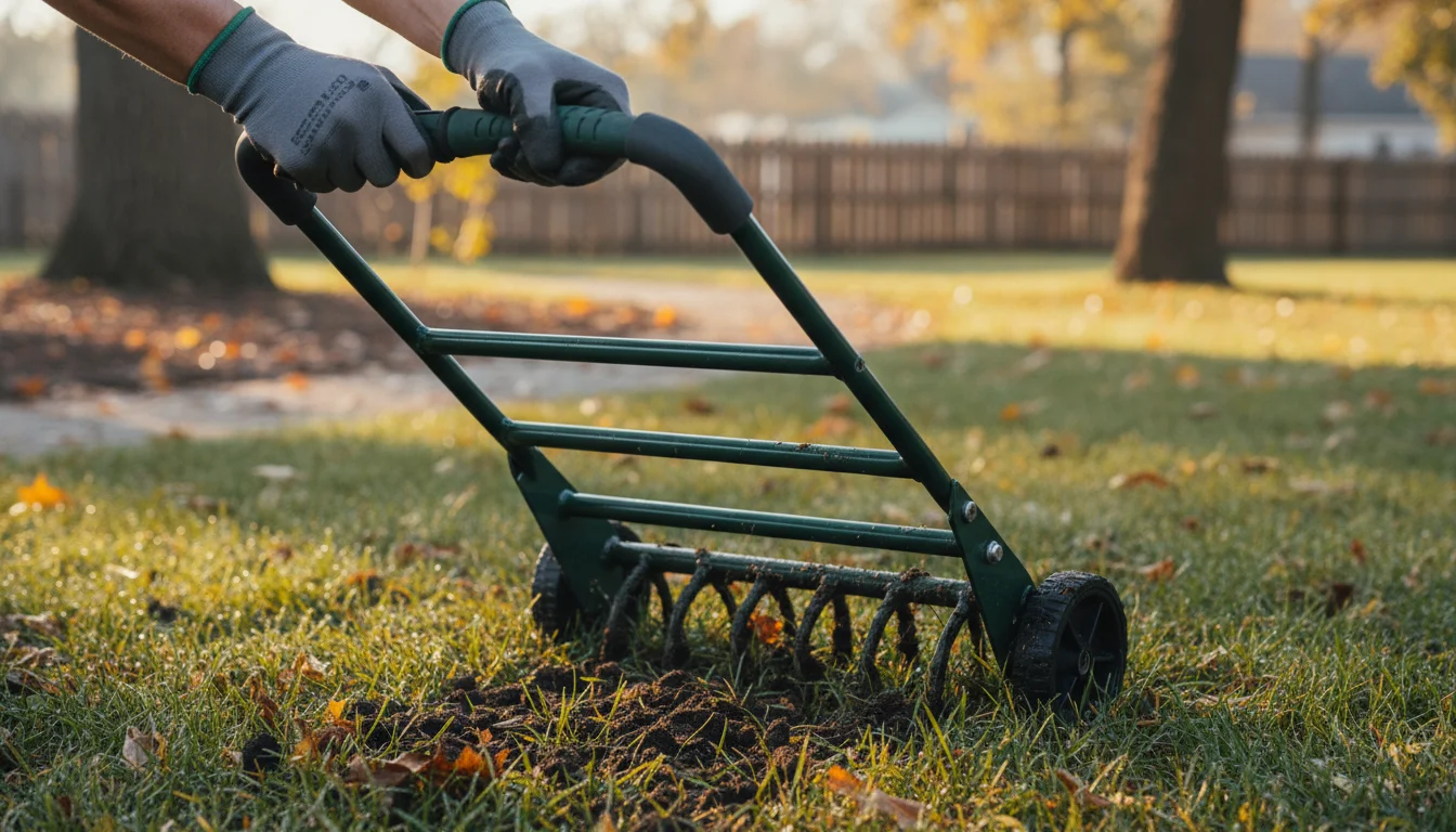 Person's hands pressing a manual spike aerator into a green and gold autumn lawn, with small soil plugs visible around the tool.