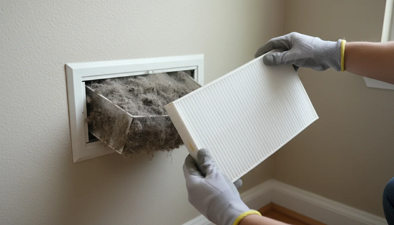 A person's hands pull a disgustingly dirty, clogged HVAC filter from a wall vent, while holding a clean, white replacement filter.