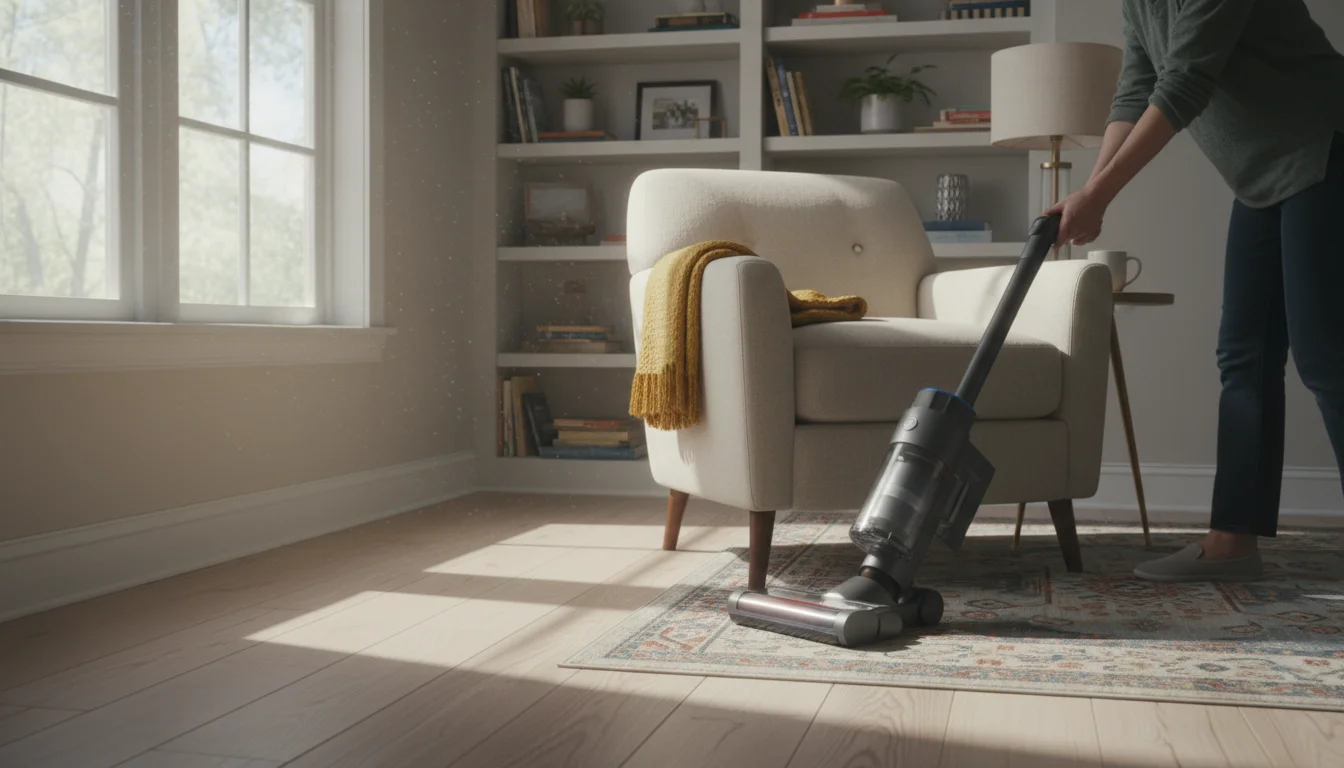 A person's hands gently push a cozy armchair aside. A stick vacuum cleans the rug. Organized books and a dust cloth on a lamp base are visible.